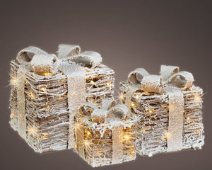 Lumineo Set of 3 Battery Operated LED Giftboxes Rattan Steady Warm White - XMAS LIGHTED OUTDOOR DECOS - Beattys of Loughrea