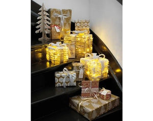 Lumineo Set of 3 Battery Operated LED Giftboxes Rattan Steady Warm White - XMAS LIGHTED OUTDOOR DECOS - Beattys of Loughrea