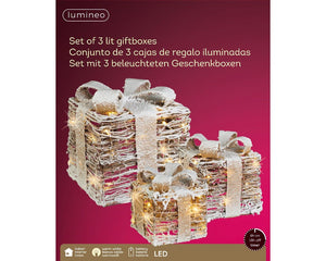 Lumineo Set of 3 Battery Operated LED Giftboxes Rattan Steady Warm White - XMAS LIGHTED OUTDOOR DECOS - Beattys of Loughrea
