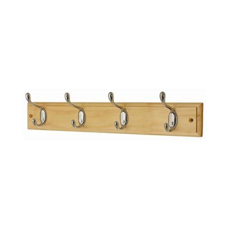 Pine and Chrome Hookrail – 4 Heavy - Duty Hooks (W 455 × H 70 mm) - HAT & COAT HOOK ON TIMBER - Beattys of Loughrea