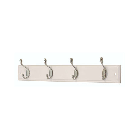 White Hat & Coat Hooks on a White Board – 4 Heavy‑Duty Hooks (W 455 × H 70 mm) - HAT & COAT HOOK ON TIMBER - Beattys of Loughrea