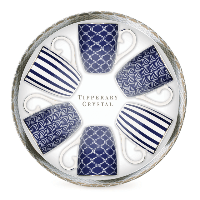 TIPPERARY CRYSTAL Set of 6 Bone China Mugs - Blue Stripe, Net & Rainbow - MUG SETS - Beattys of Loughrea