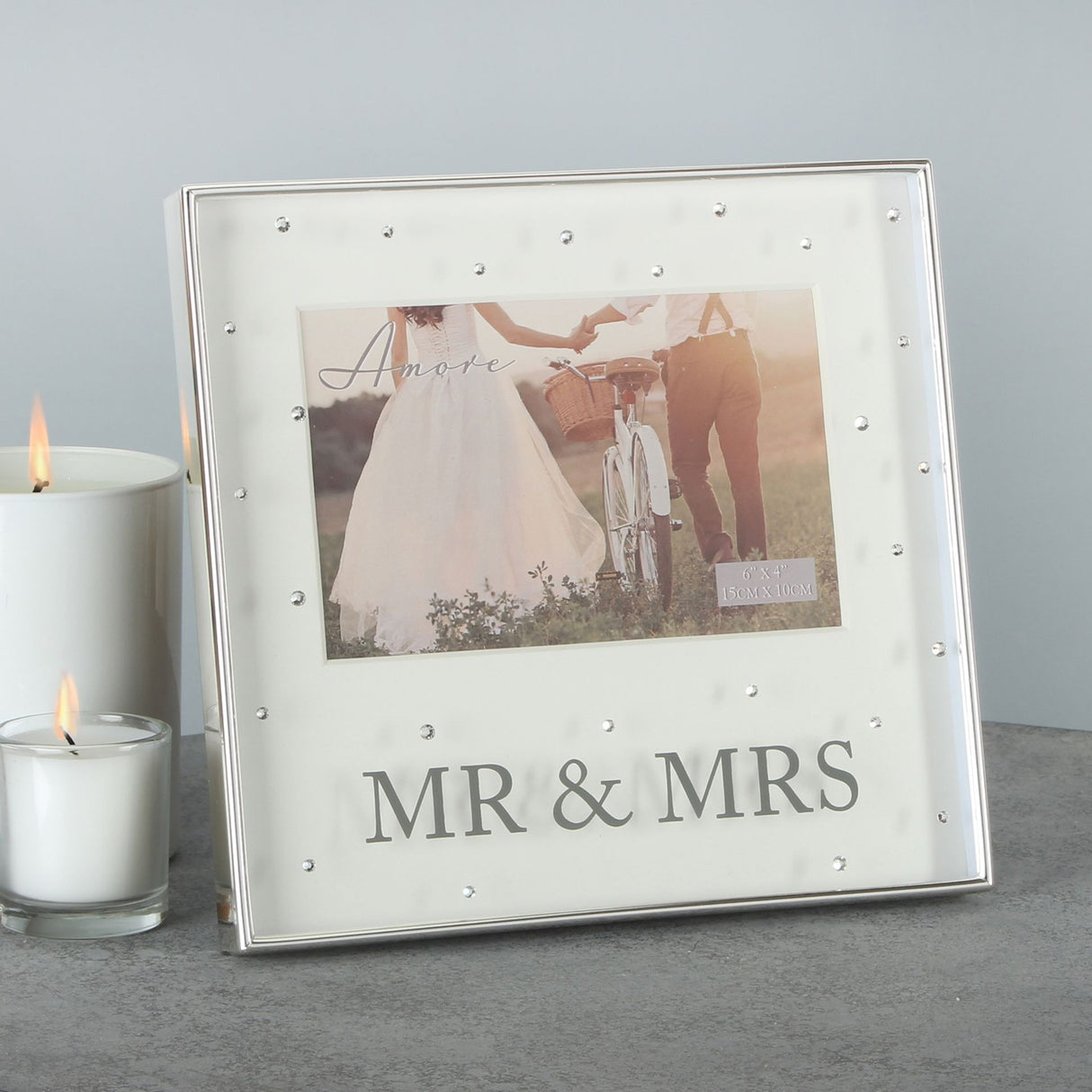 Amore Silver Plated Box Frame with Crystals 6" x 4" Mr & Mrs - PHOTO FRAMES - PLATED, GILT, STONE - Beattys of Loughrea