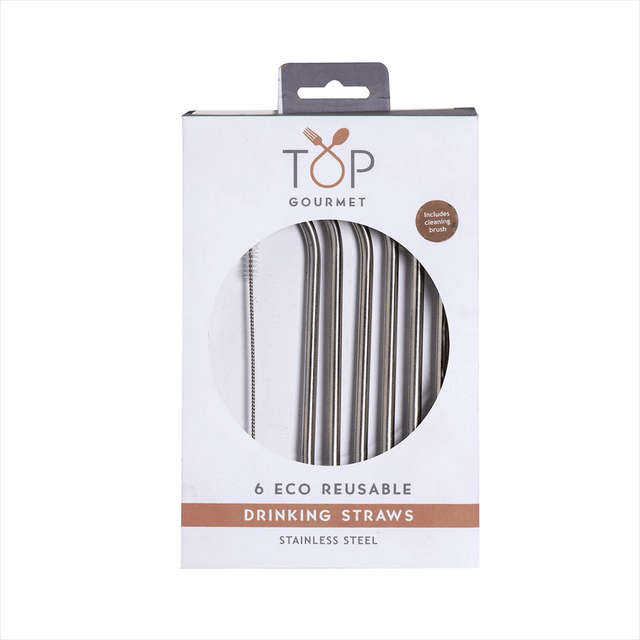 Top Gourmet Stainless Steel Straws & Cleaning Brushes 6pc Set - KITCHEN HAND TOOLS - Beattys of Loughrea