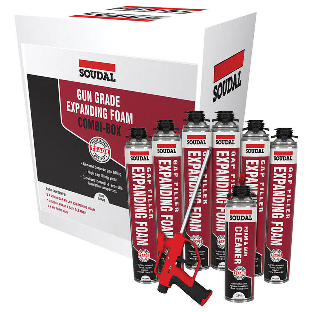 Soudal Expanding Foam Gun Kit – Applicator Gun, 6 Foam Canisters & Cleaner
