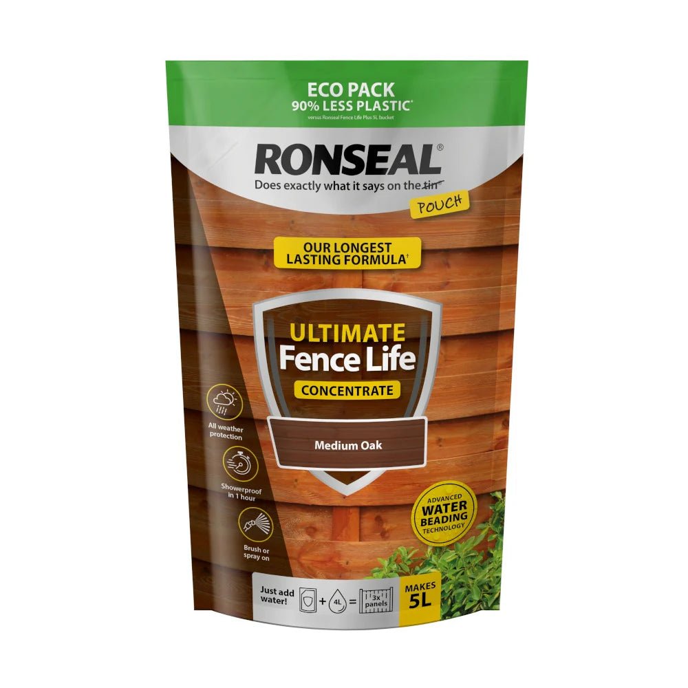 Ronseal Ultimate Fence Life Concentrate Pouch - Medium Oak 950ml - VARNISHES / WOODCARE - Beattys of Loughrea