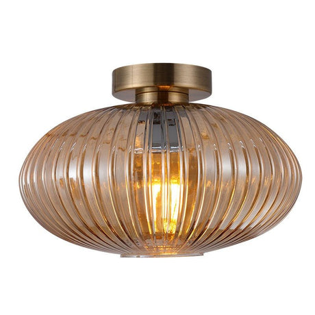Antique Brass W/Ribbed Amber Glass Skytech Surface Ceiling Fitting - CEILING LIGHTS - Beattys of Loughrea