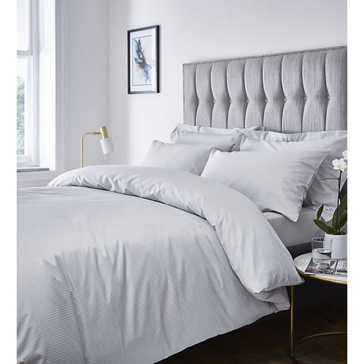 Catherine Lansfield Bedding Satin Stripe 300 Thread Count Double Duvet Cover Set with Pillowcases Grey
