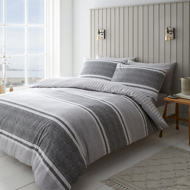 Catherine Lansfield Bedding Textured Banded Stripe Single Duvet Cover Set with Pillowcase Charcoal Grey - DUVET COVERS - Beattys of Loughrea