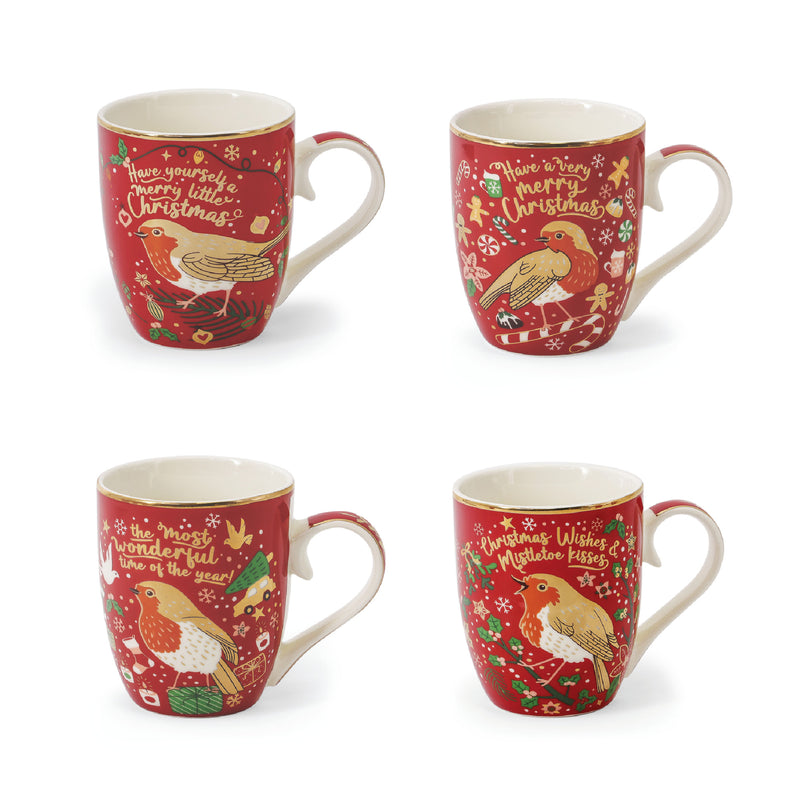 TIPPERARY CRYSTAL Christmas Robins Set of 4 Mugs - MUG SETS - Beattys of Loughrea