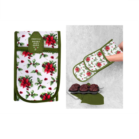 Christmas Holly Double Oven Glove 18x88cm - APRON/GLOVE/TEXTILE - Beattys of Loughrea