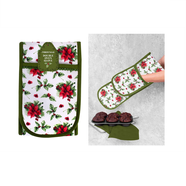 Christmas Holly Double Oven Glove 18x88cm - APRON/GLOVE/TEXTILE - Beattys of Loughrea