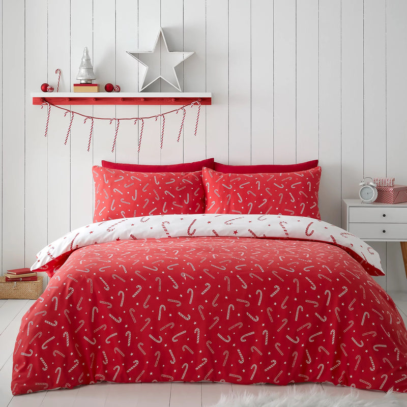 Catherine Lansfield Christmas Candy Cane Reversible Duvet Set - Double - DUVET COVERS - Beattys of Loughrea