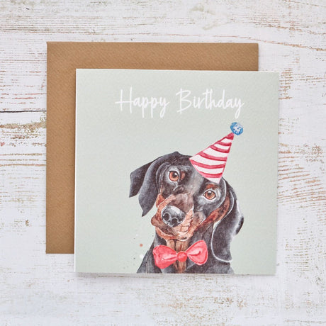 Dachshund Dog Birthday Card Pale Green with Red Bow Tie - CARD/GIFTWRAP/GIFTBAGS - Beattys of Loughrea