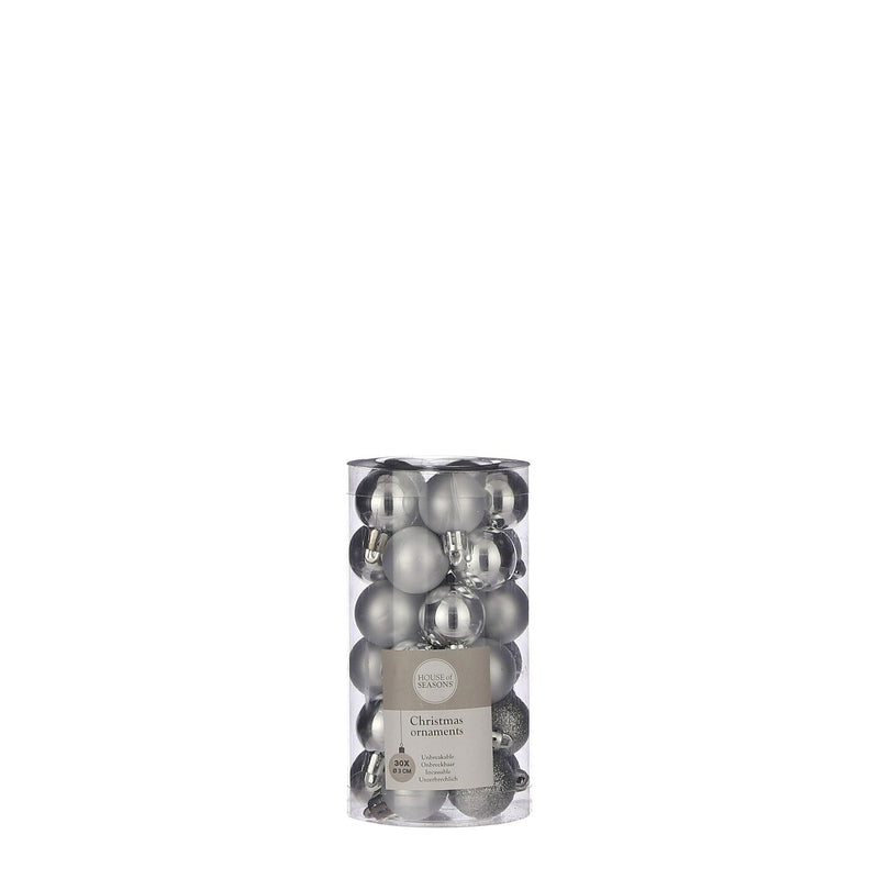 30pk Silver Unbreakable Mini Baubles 3cm - XMAS BAUBLES - Beattys of Loughrea