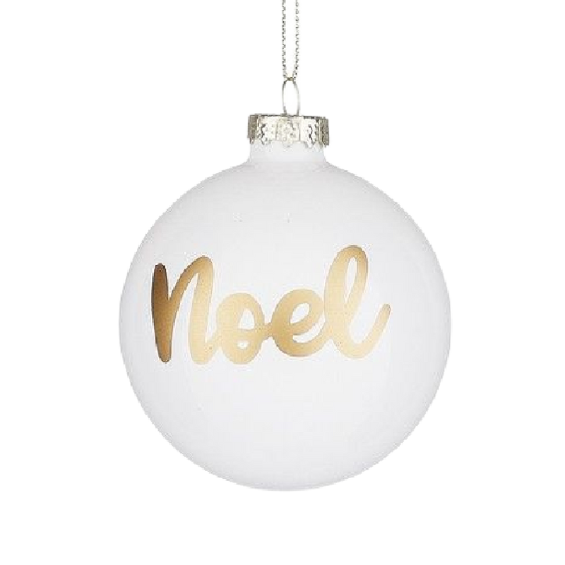 Noel White Glass Bauble 8cm - One Supplied - XMAS BAUBLES - Beattys of Loughrea