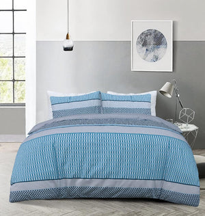 Sleepdown Stripe Geo Blue Duvet Set Double - DUVET COVERS - Beattys of Loughrea