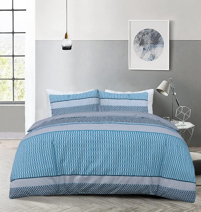 Sleepdown Stripe Geo Blue Duvet Set Double - DUVET COVERS - Beattys of Loughrea