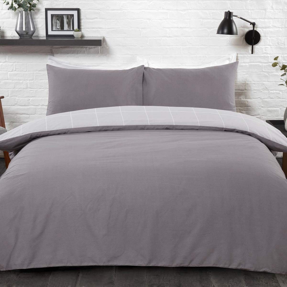 Sleepdown Grid Check Grey Duvet Set Kingsize - DUVET COVERS - Beattys of Loughrea