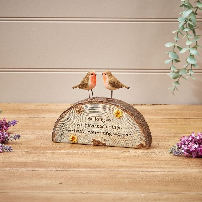 Robin Couple Block On Bark Base Resin - We Have Each Other - ORNAMENTS - Beattys of Loughrea