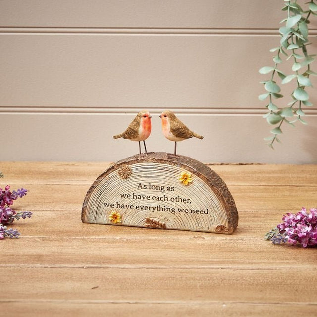 Robin Couple Block On Bark Base Resin - We Have Each Other - ORNAMENTS - Beattys of Loughrea