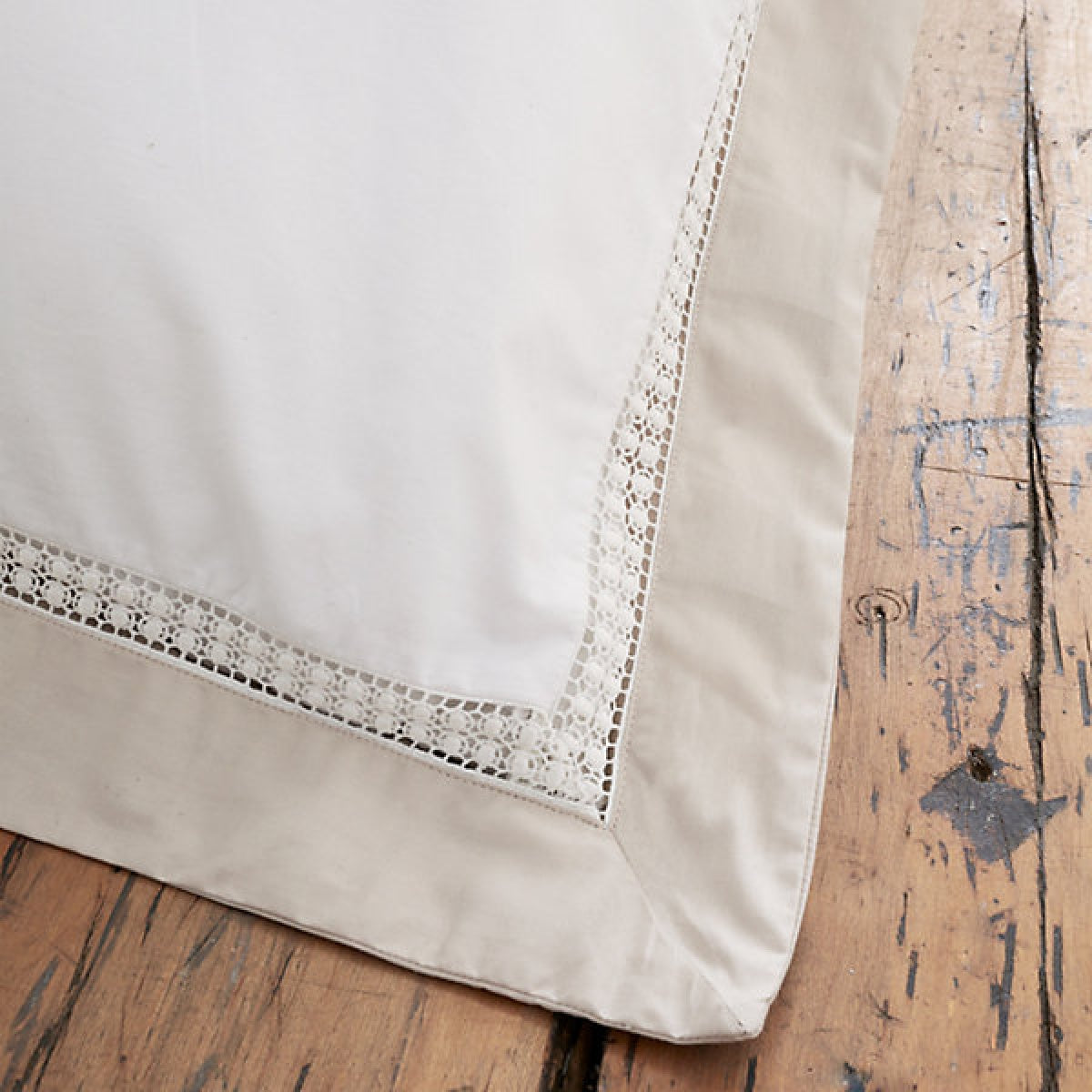 Bianca Bedding Oxford Lace 200 Thread Count Cotton King Duvet Cover Set with Pillowcases White Natural