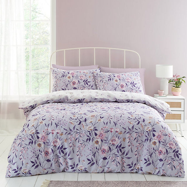 Catherine Lansfield Bedding Isadora Floral Reversible King Size Duvet Cover Set with Pillowcases Lilac - DUVET COVERS - Beattys of Loughrea