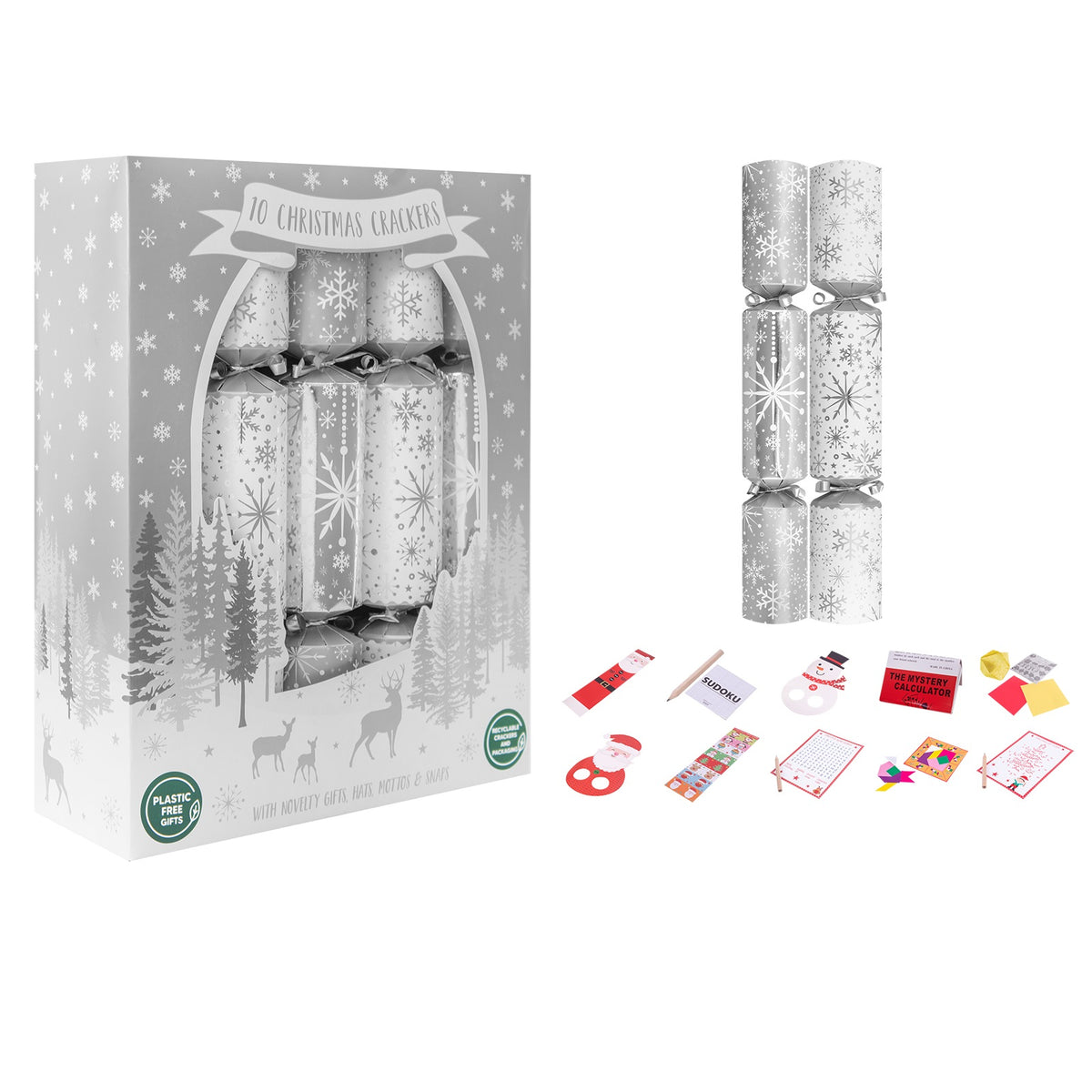 Boîte de 10 papillotes de Noël en forme de flocons de neige familiaux de 30 cm