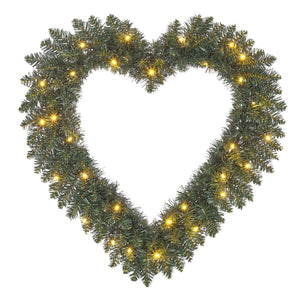 Heart Shaped Christmas Wreath 30 LED 180 Tips Battery Operated - h10 x d60cm - XMAS WREATHS - Beattys of Loughrea