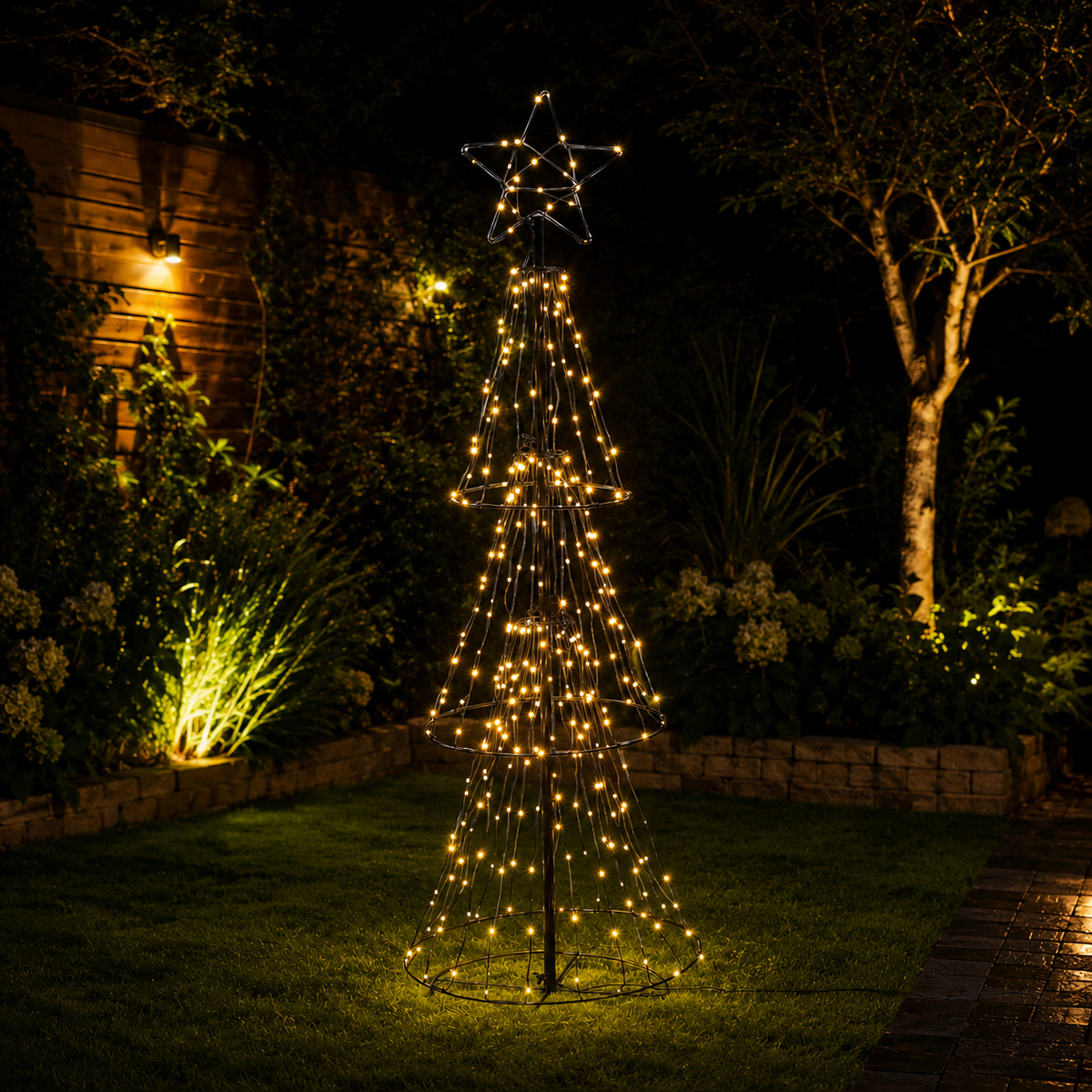 Sapin de Noël extérieur à LED avec étoile blanc chaud 210 cm (7 pi)