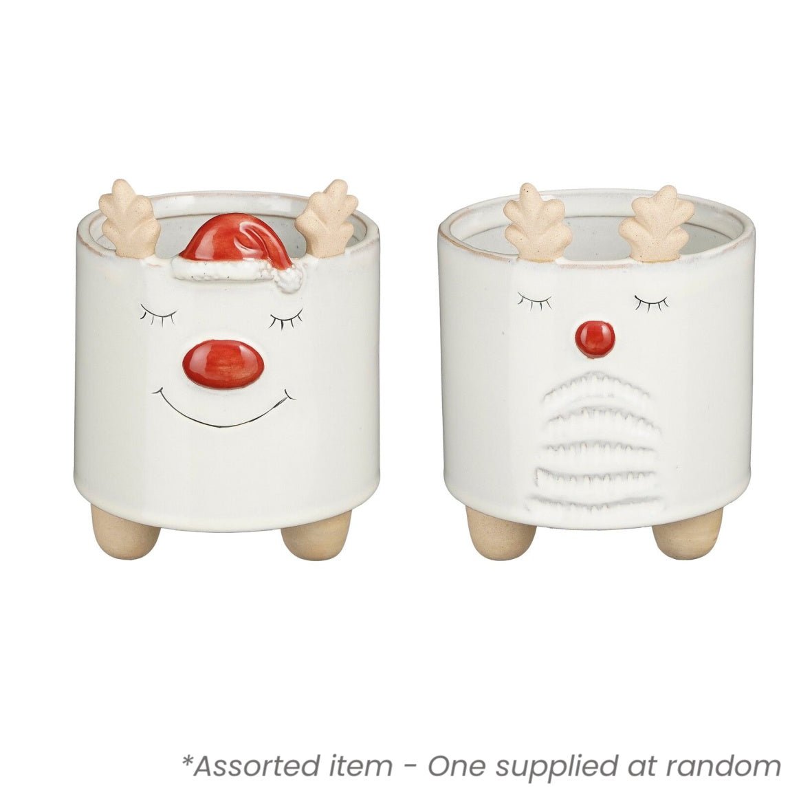 Christmas Reindeer Pot 18 x 14cm Assorted - One Supplied* - XMAS CERAMIC WOOD RESIN GLASS ORNAMENTS - Beattys of Loughrea