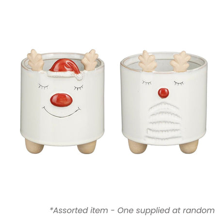 Christmas Reindeer Pot 18 x 14cm Assorted - One Supplied* - XMAS CERAMIC WOOD RESIN GLASS ORNAMENTS - Beattys of Loughrea