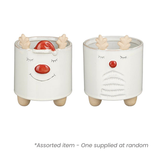 Christmas Reindeer Pot 18 x 14cm Assorted - One Supplied* - XMAS CERAMIC WOOD RESIN GLASS ORNAMENTS - Beattys of Loughrea