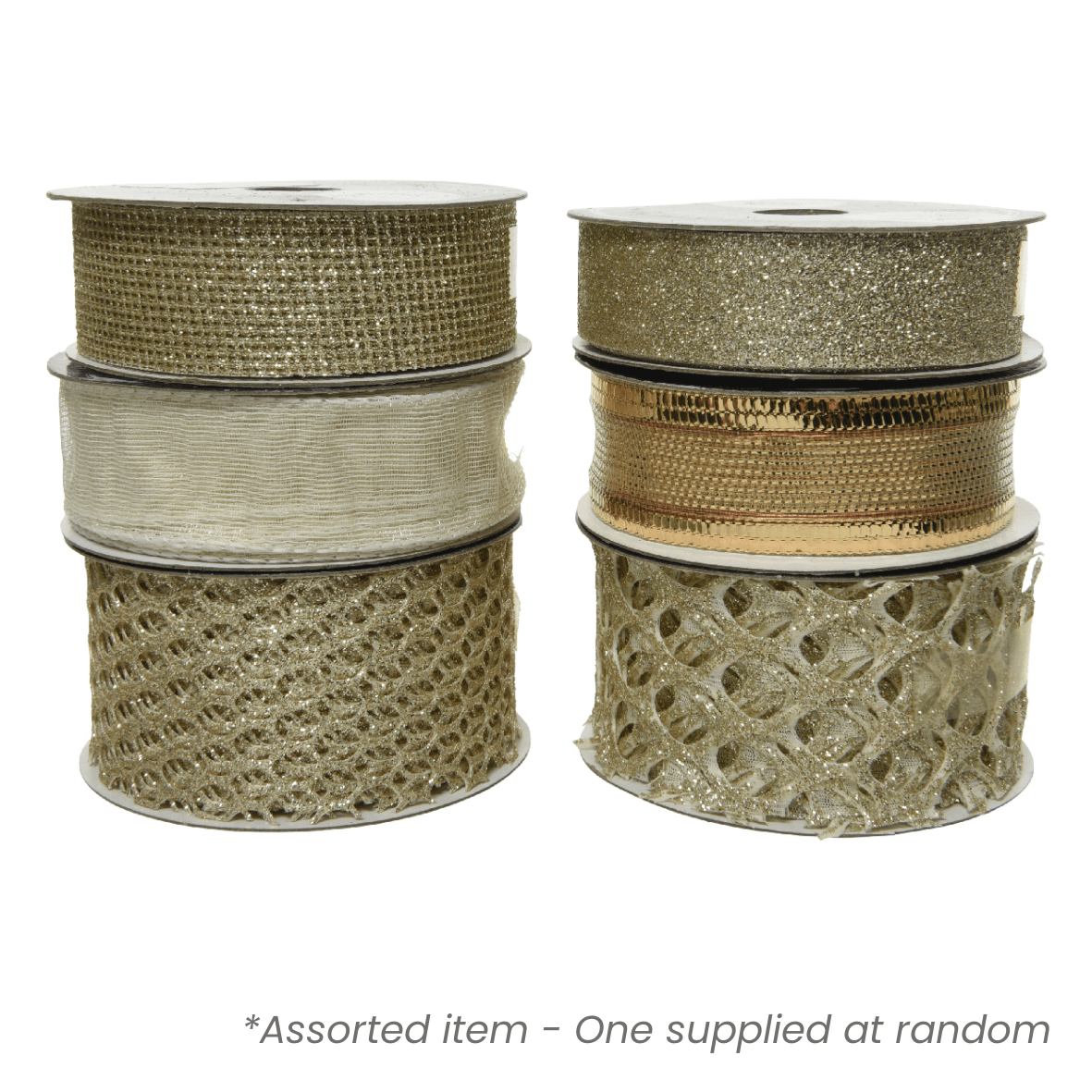 Polyester Ribbon Gold 8m Assorted - One Supplied* - XMAS RIBBON TINSEL - Beattys of Loughrea