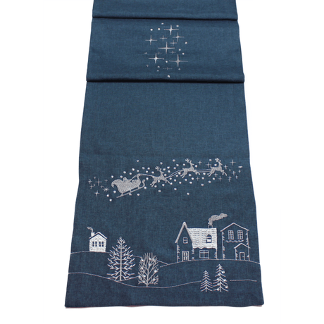 Peggy Wilkins Santa's Ride Navy/Silver Christmas Table Runner 190cm - TABLECLOTHS/RUNNERS - Beattys of Loughrea