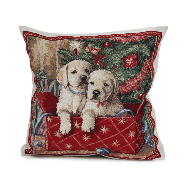 Peggy Wilkins Festive Pups Tapestry Christmas Cushion 45x45cm - CUSHIONS/COVERS - Beattys of Loughrea