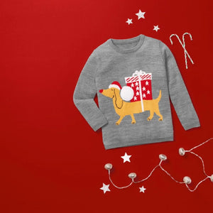 Kids Christmas Jumper Dog with Present Age 2 - 4 - XMAS CLOTHING Christmas clothing human and pet - Beattys of Loughrea