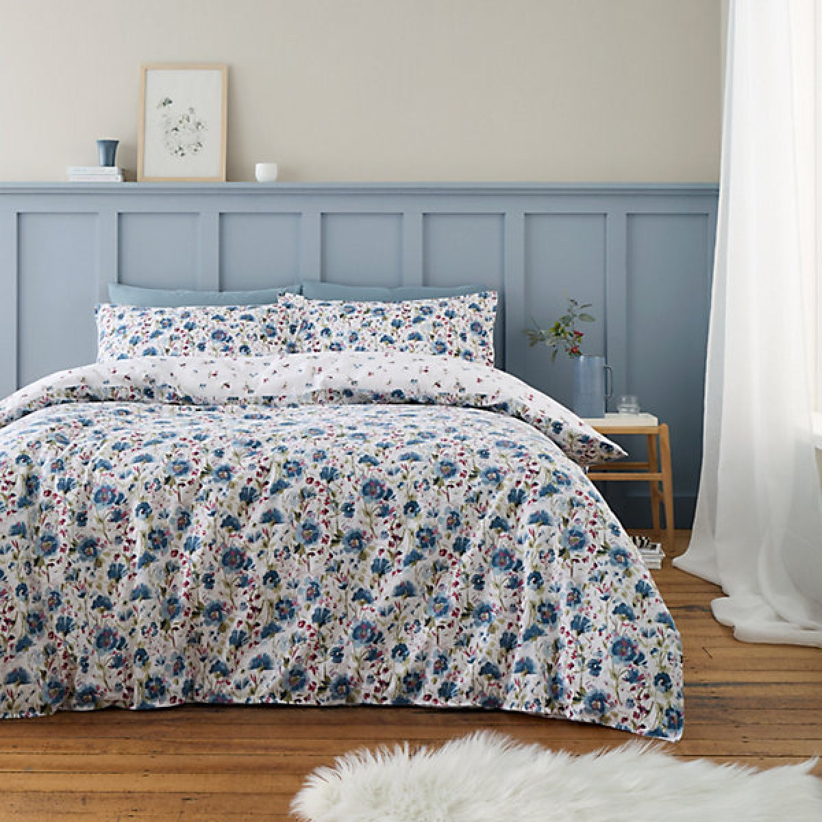 Bianca Brushed Cotton Ophelia Floral Reversible Double Duvet Cover Set with Pillowcases Blue