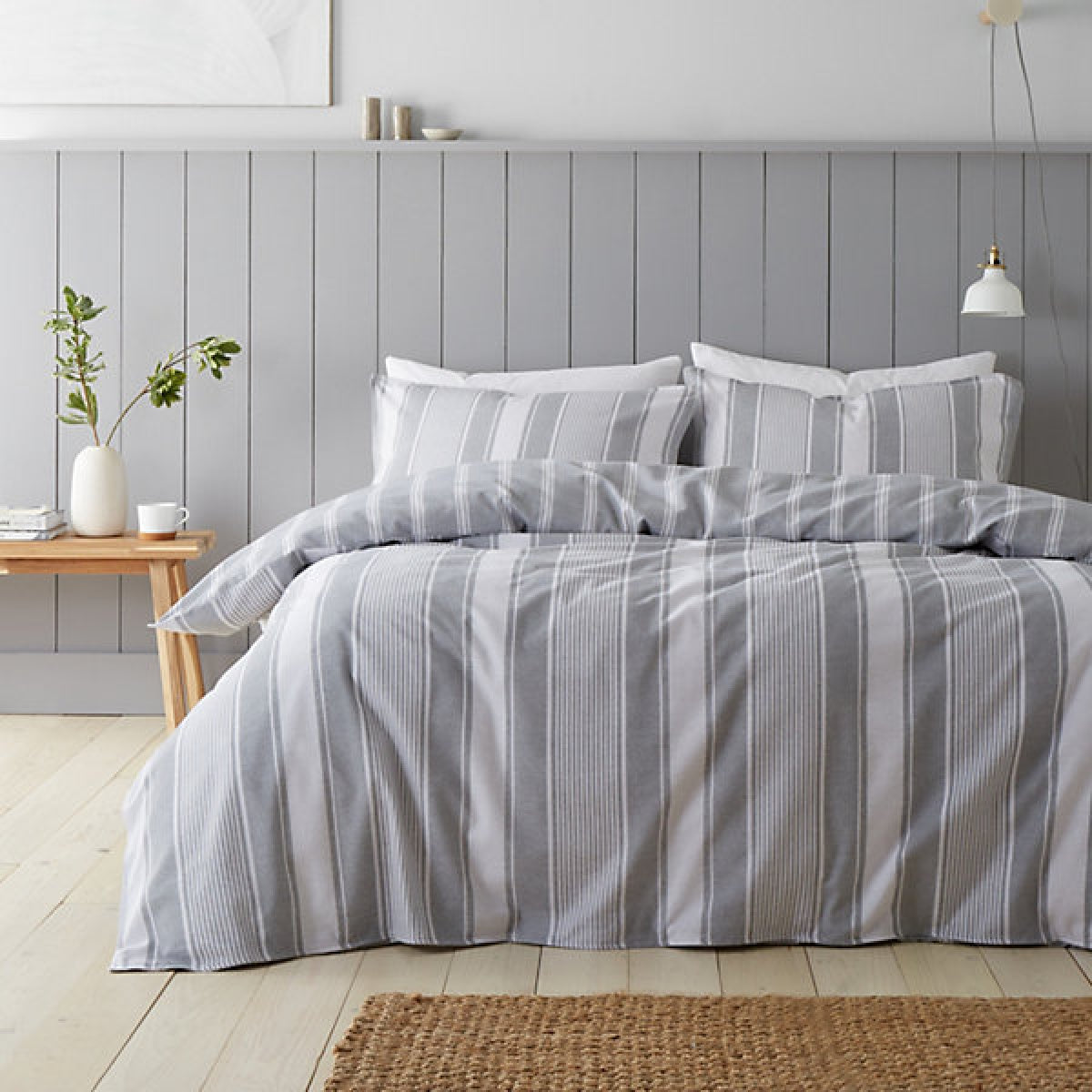 Bianca Brushed Cotton Ticking Stripe Reversible Super King Duvet Cover Set with Pillowcases Grey