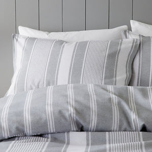 Bianca Brushed Cotton Ticking Stripe Reversible Super King Duvet Cover Set with Pillowcases Grey