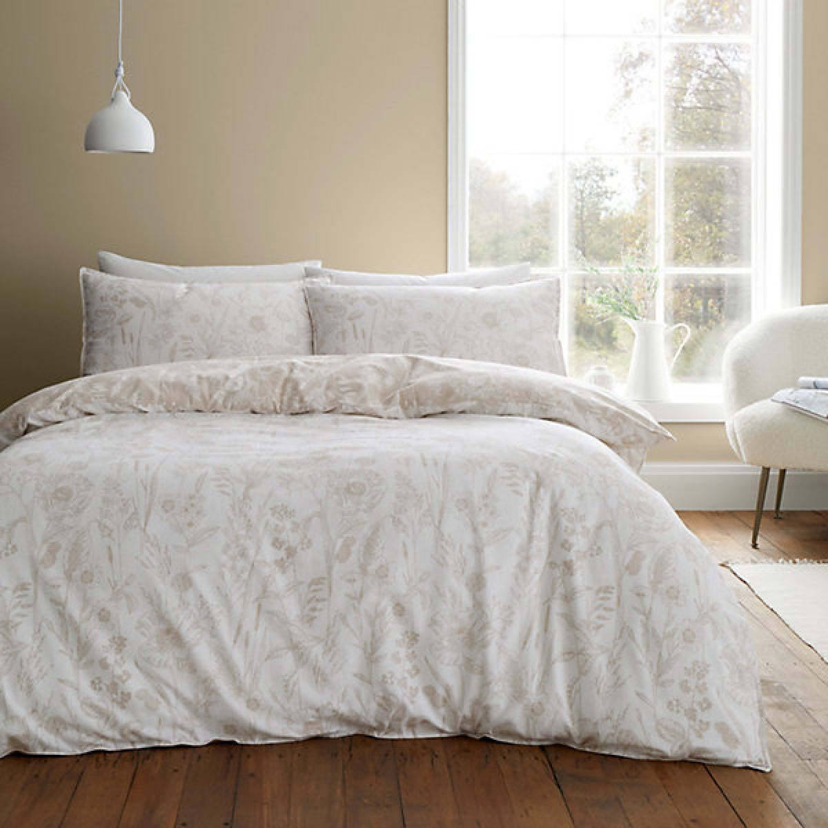Bianca Brushed Cotton Floral Toile Reversible Double Duvet Cover Set with Pillowcases Natural