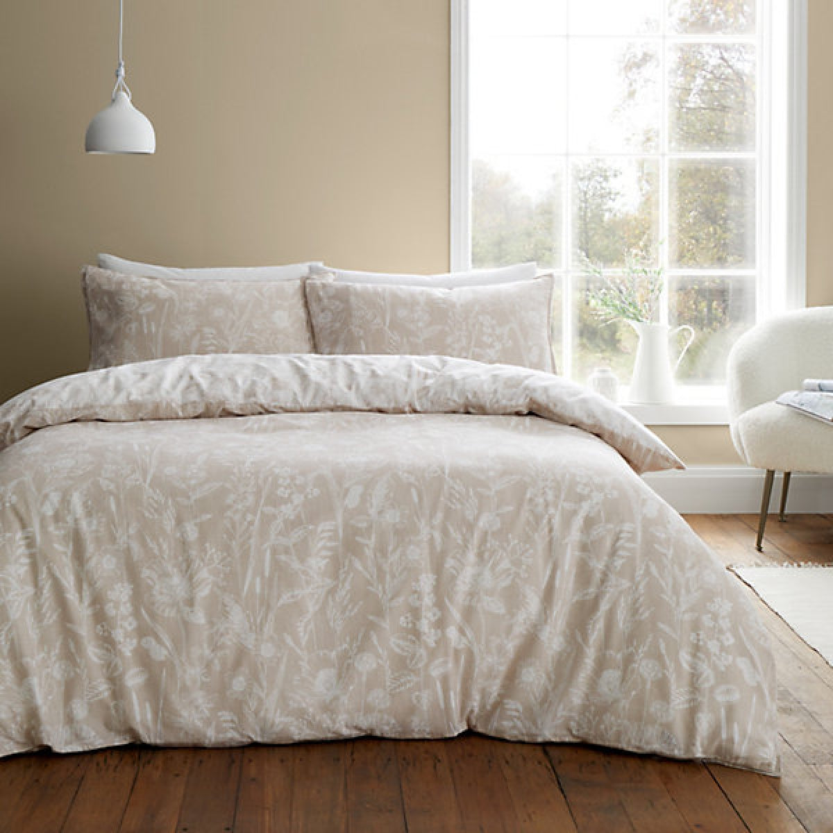 Bianca Brushed Cotton Floral Toile Reversible Double Duvet Cover Set with Pillowcases Natural