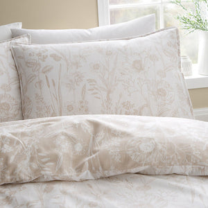 Bianca Brushed Cotton Floral Toile Reversible Double Duvet Cover Set with Pillowcases Natural