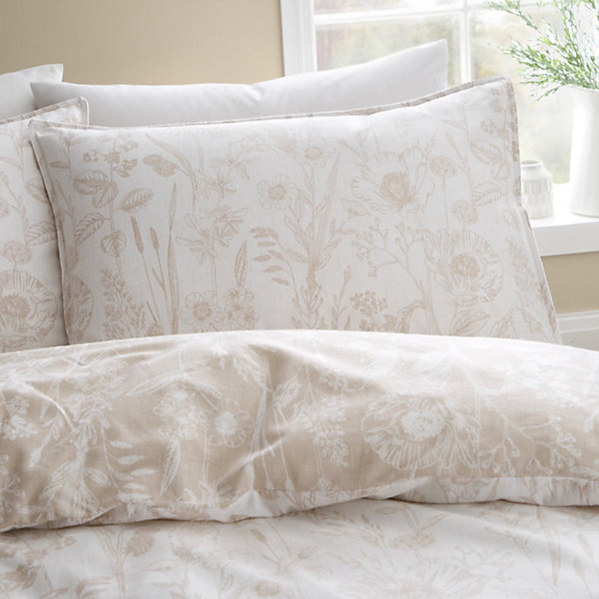 Bianca Brushed Cotton Floral Toile Reversible Single Duvet Cover Set with Pillowcase Natural - DUVET COVERS - Beattys of Loughrea
