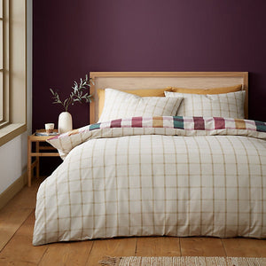 Catherine Lansfield Autumn Check Reversible King Size Duvet Cover Set with Pillowcases Natural Plum - DUVET COVERS - Beattys of Loughrea