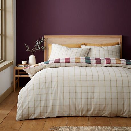 Catherine Lansfield Autumn Check Reversible King Size Duvet Cover Set with Pillowcases Natural Plum - DUVET COVERS - Beattys of Loughrea