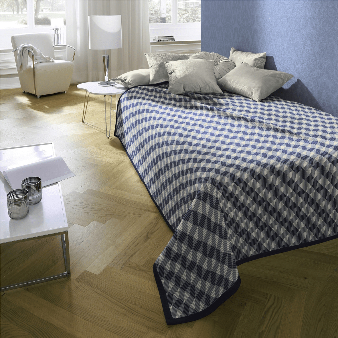 Biederlack Cotton Rich Angular Geo Navy Blanket 140 x 180cm - THROWS/BLANKETS - Beattys of Loughrea