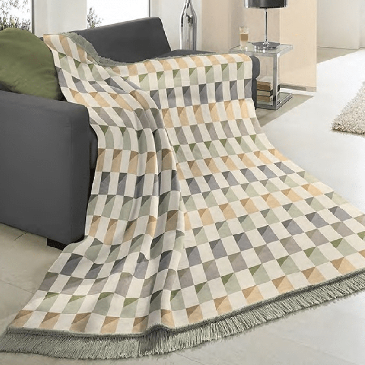 Biederlack Cotton Rich Colton Bricks Blanket Green 140 x 180cm - THROWS/BLANKETS - Beattys of Loughrea