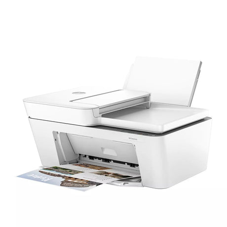 HP 4220e All-in-One Wireless Printer in white, with papers loaded in the tray, visible on the printer's output tray and side compartments.