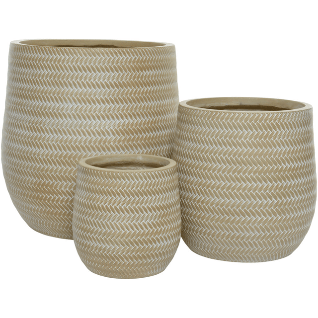 Alex Fibre Clay Set of 3 Round Planters - Soft Beige - PLANTER POT CLAY / CERAMIC /RESIN - Beattys of Loughrea